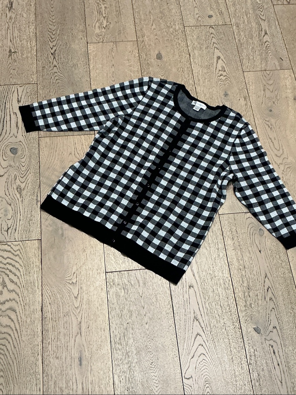 Woman’s Christopher and Banks black/white checked cardigan. Large. Like new!